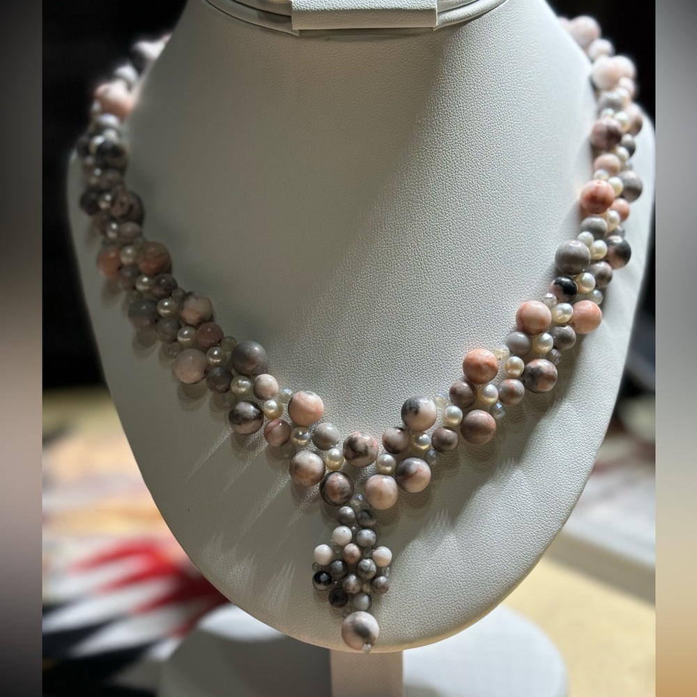 Handmade Pink Zebra Jasper Freshwater Pearl and Labradorite Necklace 17 inches